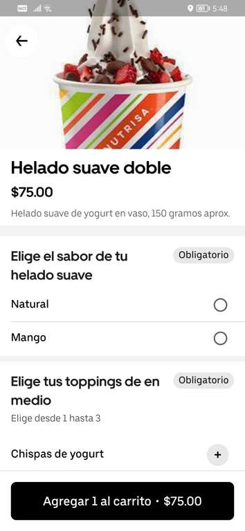 Uber Eats: Nutrisa. 3 Helados suaves doble por $105 (Con Uber One) - Polanco