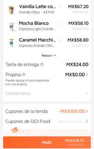 DiDi Food [Starbucks]: -$100 en compras desde $180 (usuarios seleccionados)