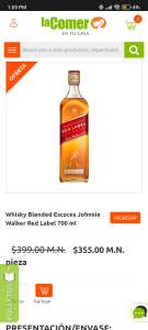 La Comer: whisky etiqueta roja 700ml, 3 piezas ($271 pieza) | Precio agregando al carrito