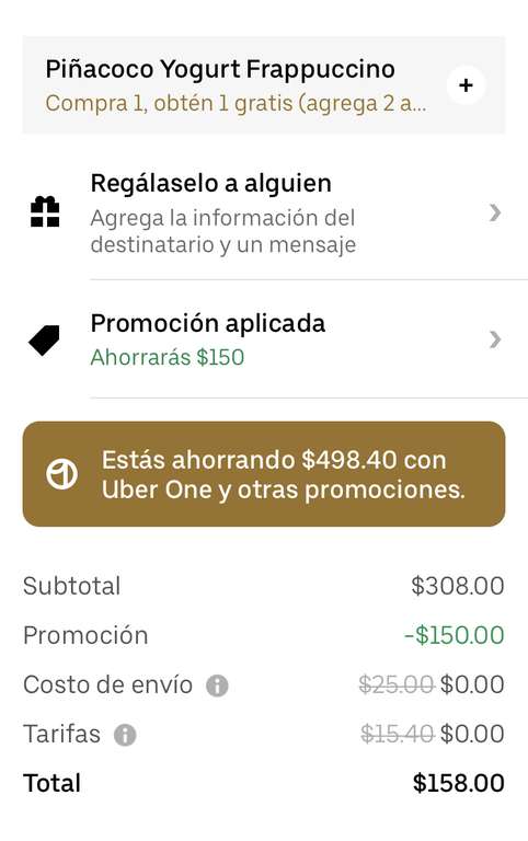 Uber eats y Starbucks: 6 bebidas frias por $158 (2x1 + $150 de descuento en compra de $299)