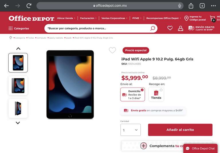 Office Depot: iPad Wifi Apple 9 10.2 Pulg. 64gb con Kueski pay