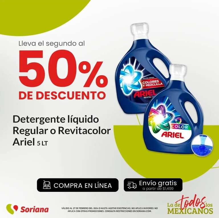 Soriana: Detergente Líquido Ariel Regular ó Revitacolor, 2o al 50% (10L por $343)