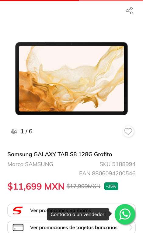 Sanborns: Tablet Samsung S8