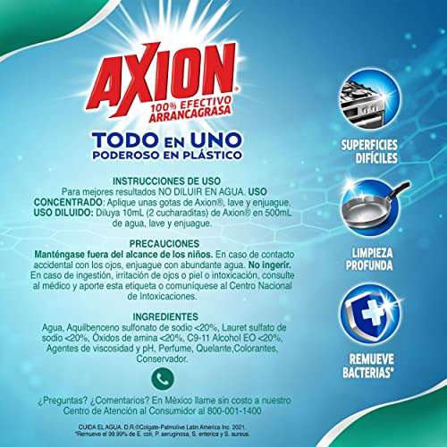 Amazon: Axion Poderoso en Plásticos 1.1L, Lavatrastes Líquido que Cuida tus Trastes de plástico, Todo en Uno, (Planea y Ahorra)