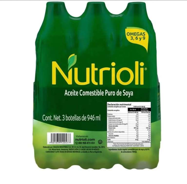 Amazon: Nutrioli - Aceite de Soya Nutrioli Tripack 946 ml Opción Amazon de "nutrioli"