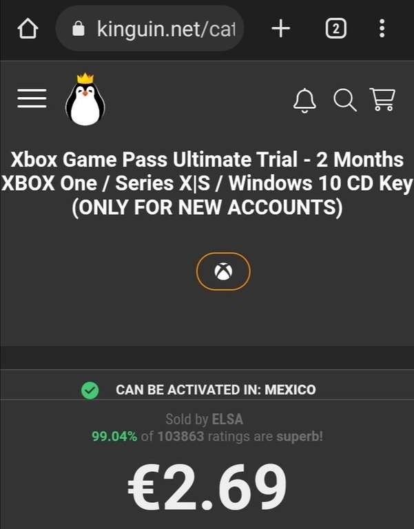 Kinguin: 2 meses Xbox Gamepass Ultimate, si funciona en cuentas viejas y sin VPN