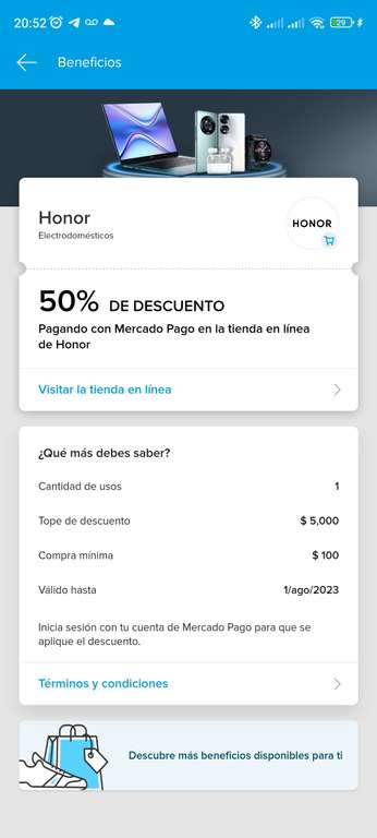 Tienda Honor : 50% OFF pagando con Mercado Pago [Apartado Beneficios] | (compra mín $100, topado a $5000)