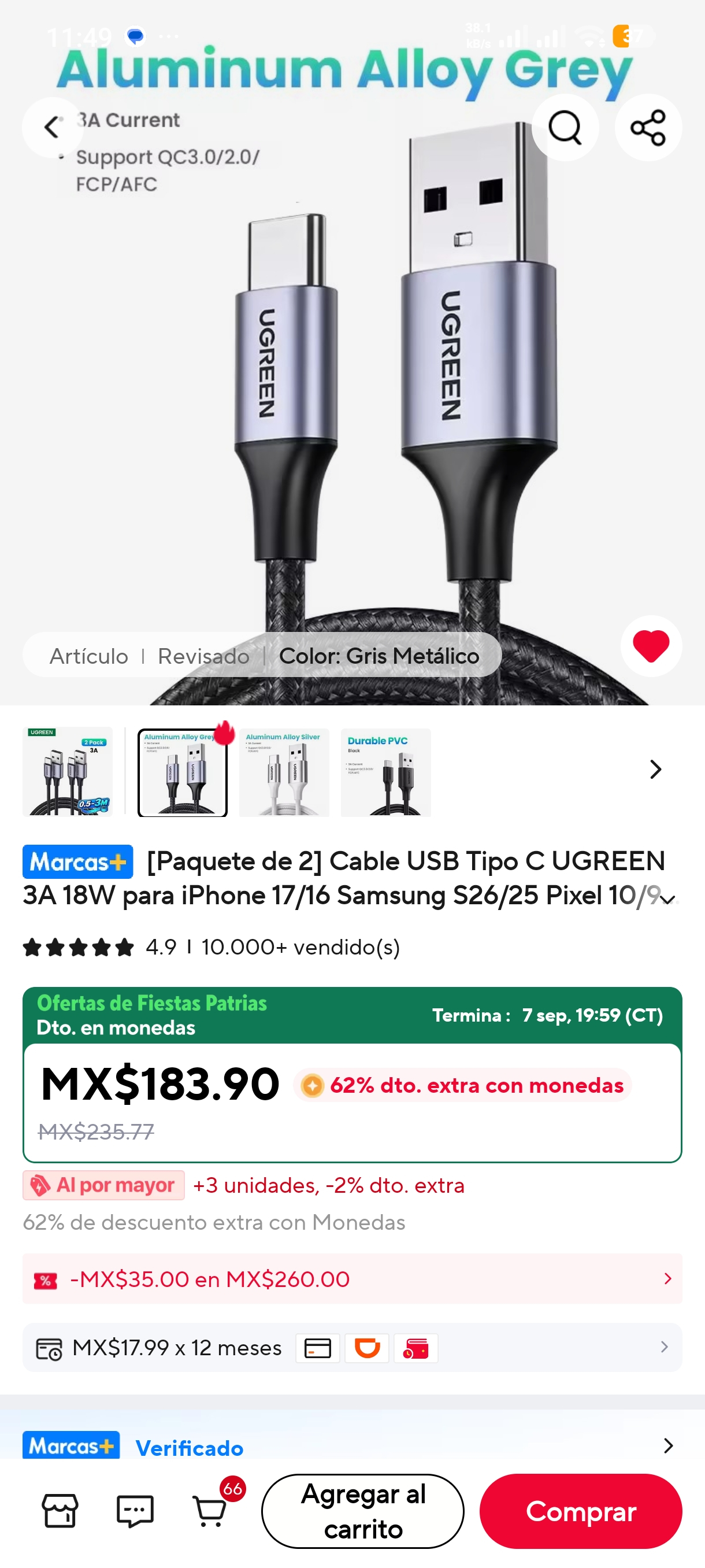 AliExpress: Cable USB Ugreen pack de 2 piezas, 2 metros