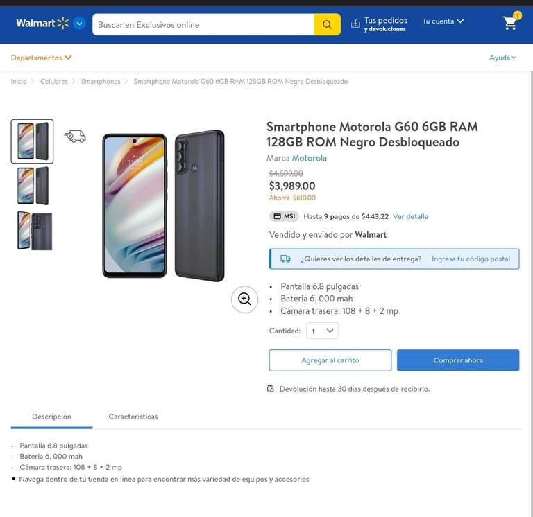 Walmart Celular Motorola Negro Black G60 6gb 128gb desbloqueado