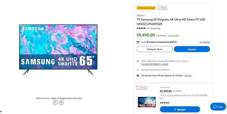 Walmart: TV Samsung 65 Pulgadas 4K Ultra HD Smart TV LED (pagando con BBVA)