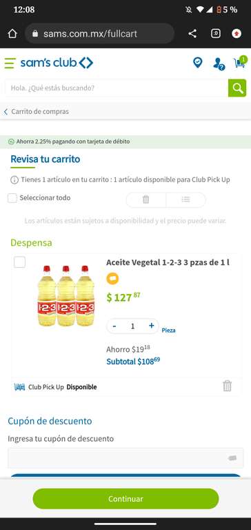 Sam's Club - Ahorro en diferentes marcas de Aceite comestible | Ejemplo: Aceite vegetal 1-2-3, precio agregando al carrito