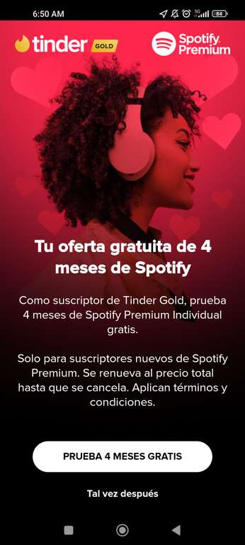 Tinder: 4 meses de Spotify gratis usuarios premium de Tinder