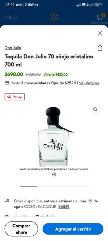 Walmart: Tequila Don Julio 70 añejo cristalino 700 ml