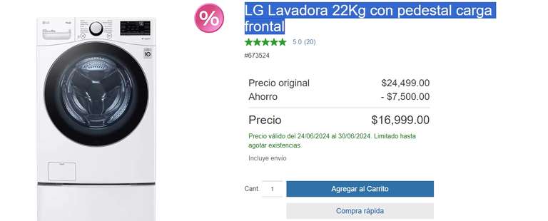 Costco: LG Lavadora 22Kg con pedestal carga frontal