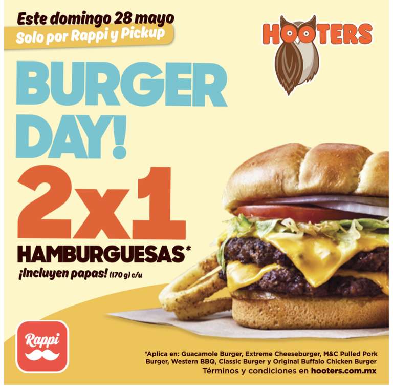 HOOTERS: Burger Day 28 de Mayo. Hamburguesas con papas al 2x1.