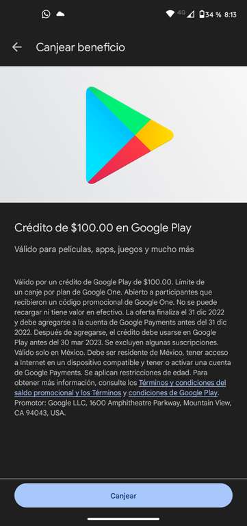 Google One: Crédito de $100 en Google Play (usuarios seleccionados)