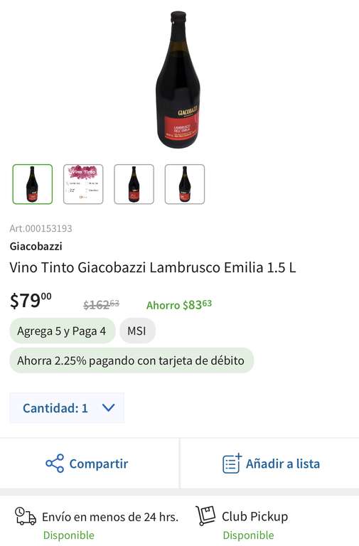 Sam's Club: Vino Tinto Giacobazzi Lambrusco Emilia 1.5 L