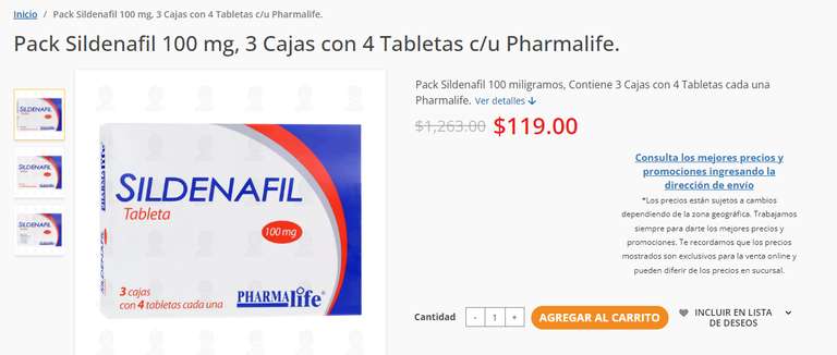 Farmacias Guadalajara: Pack Sildenafil 100 mg, 3 Cajas con 4 Tabletas c/u Pharmalife