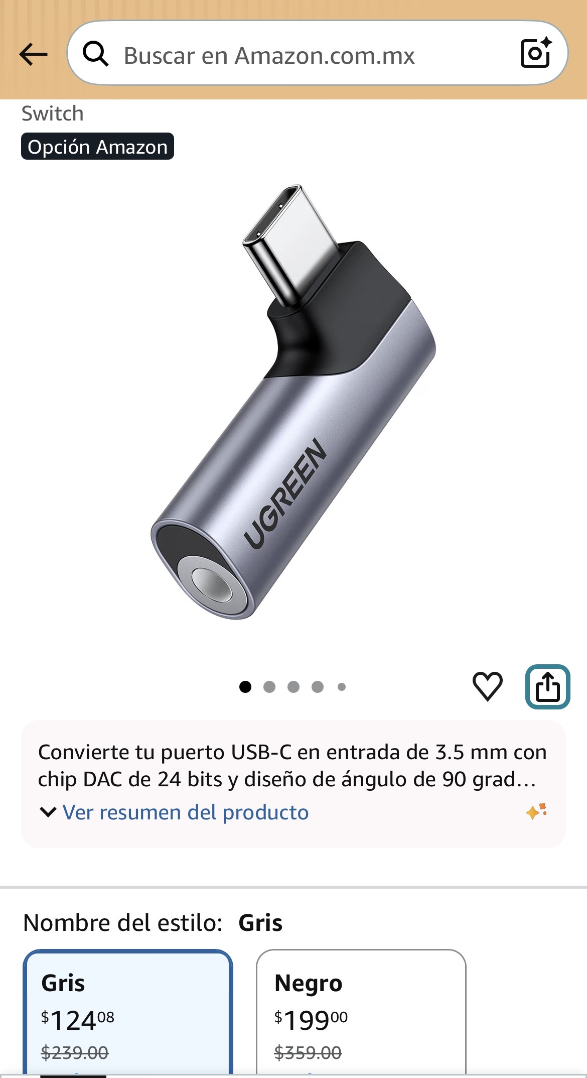 Amazon: UGREEN Adaptador USB C a Jack 3.5 mm con DAC HiFi, 90 Grados, 24 bit/96 kHz