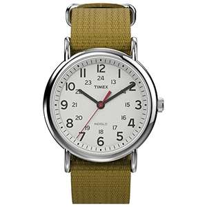 Amazon: Timex Reloj unisex Weekender de 38 mm – caja plateada esfera blanca con correa deslizante de tela oliva, Oliva/blanco