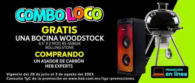 HEB: COMBO LOCO Asador HEB Experts + Bocina Wooddstock Rolling Stone