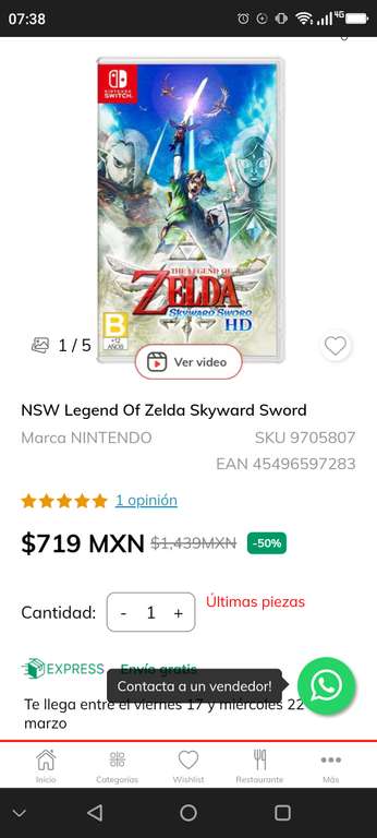 Sanborns Legend Of Zelda Skyward Sword para Nintendo Switch