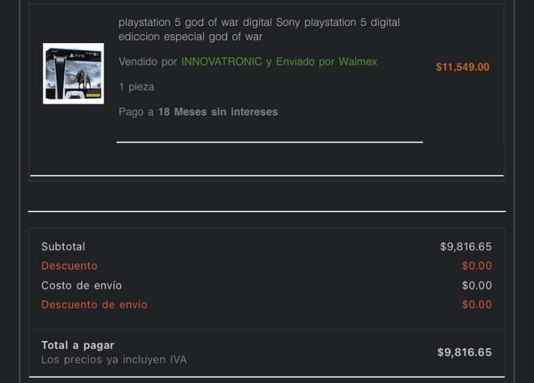 Bodega Aurrera: playstation 5 god of war digital Sony $ 9,816.65 a 18 meses sin intereses TDC BBVA