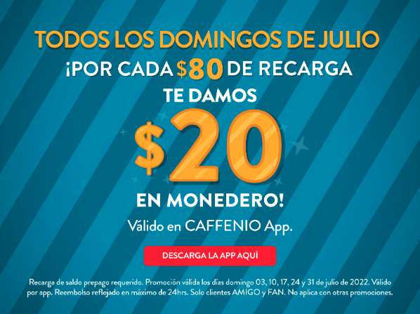 CAFFENIO: $20 EN MONEDERO RECARGANDO $80