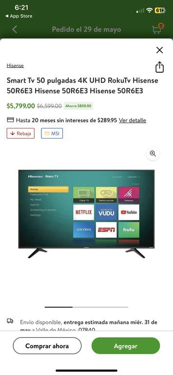 Bodega Aurrera: Smart TV Hisense 50 pulgadas 4k con BBVA a 12 MSI