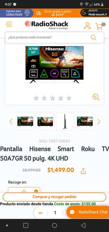 RadioShack: Pantalla Hisense Smart Roku TV 50A7GR 50 pulg. 4K UHD