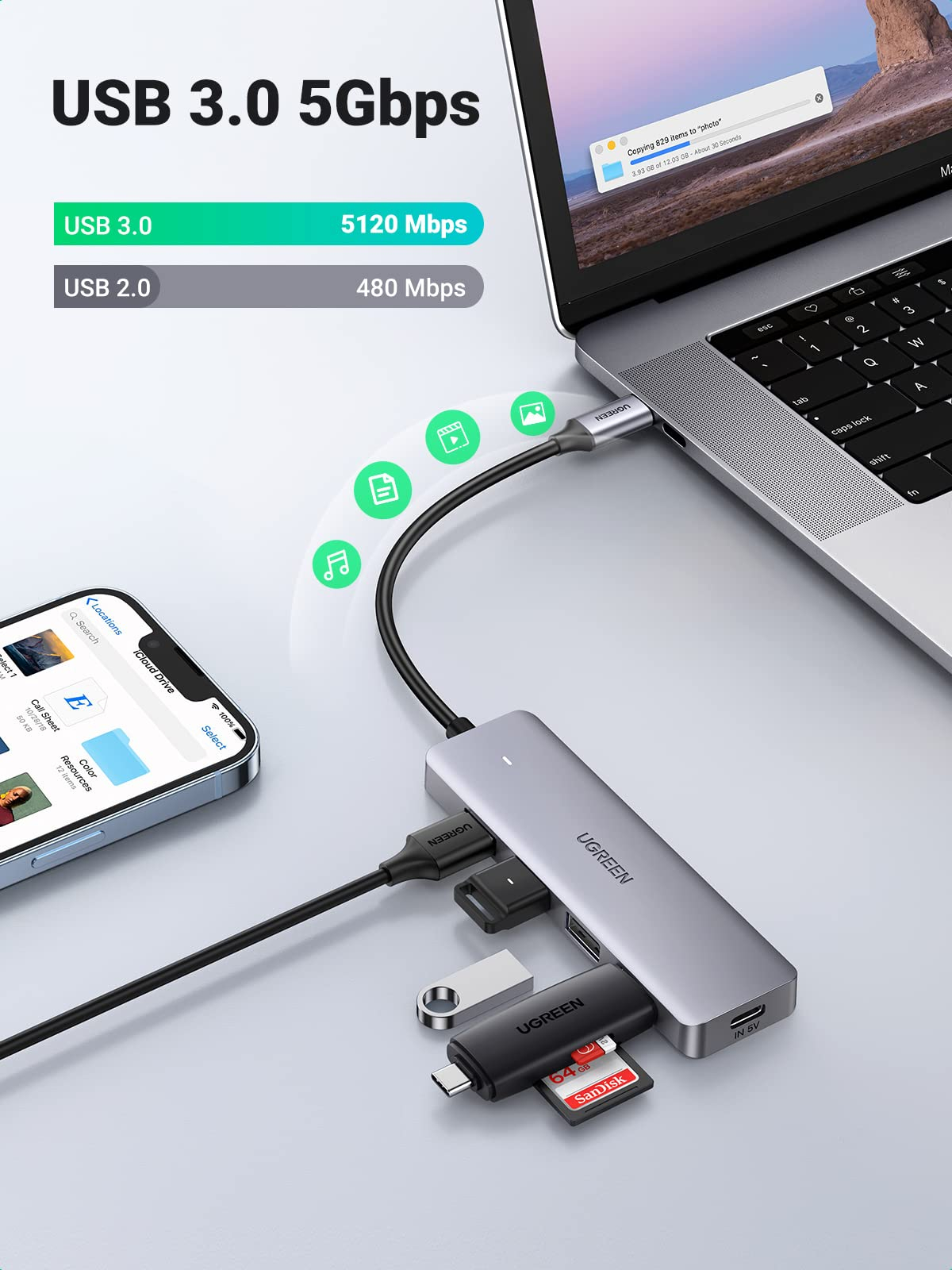 Amazon: UGREEN HUB USB C 5 en 1, Adaptador Tipo C a 4 USB 3.0 Puertos de 5 Gbps, 15 CM