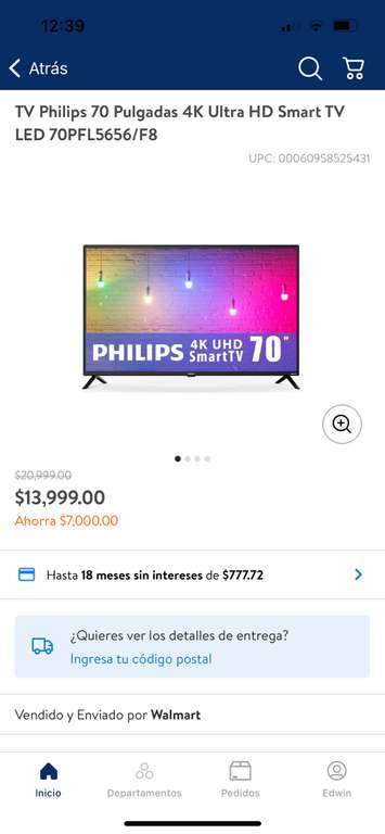 Walmart: TV Philips 70 Pulgadas 4K Ultra HD Smart TV LED 70