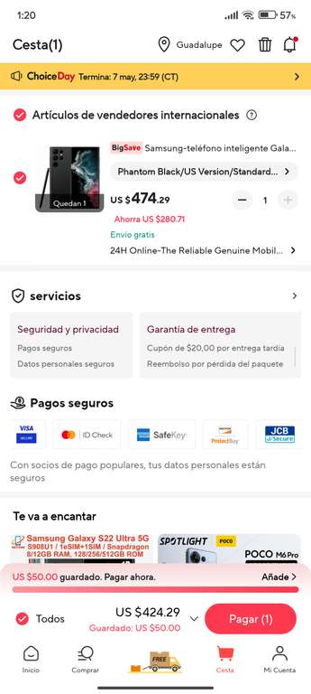 AliExpress: Samsung Galaxy S22 Ultra 256GB | Pagando en dólares + cupón