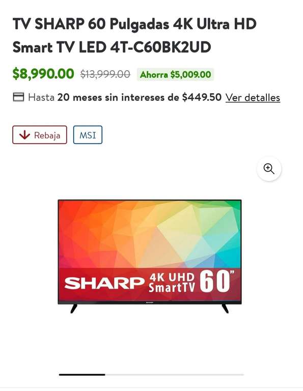 Bodega Aurrera: TV SHARP 60 Pulgadas 4K Ultra HD Smart TV LED 4T-C60BK2UD