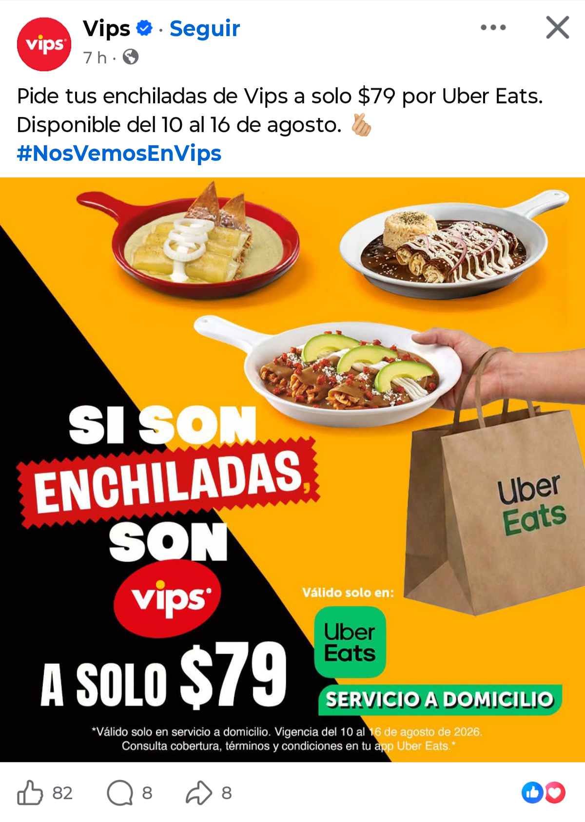 Uber Eats: Vips, enchiladas a $79