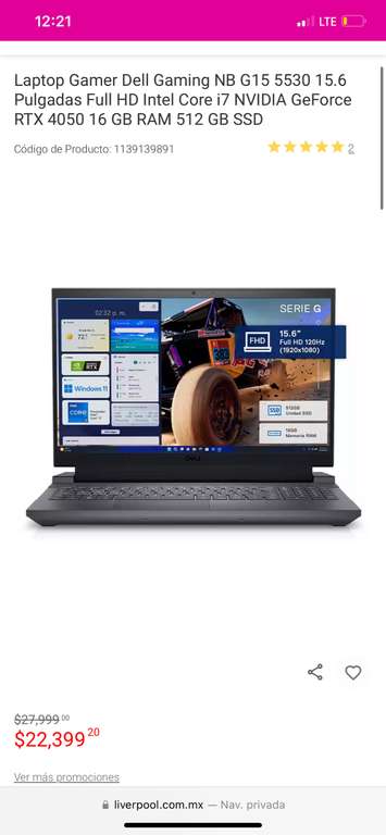 Liverpool: Laptop Gamer Dell Gaming NB G15 5530 15.6 Pulgadas Full HD Intel Core i7 NVIDIA GeForce RTX 4050 16 GB RAM 512 GB SSD