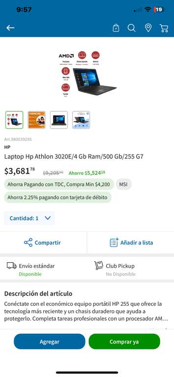 Sam's Club: Laptop HP Athlon 3020e/4 GB RAM/500 GB/255 G7