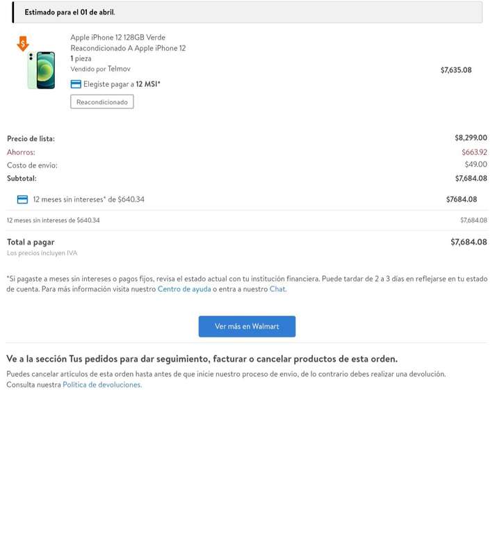 Walmart: iPhone 12 Reacondicionado Grado A | Pagando con TDC BBVA a 12 MSI