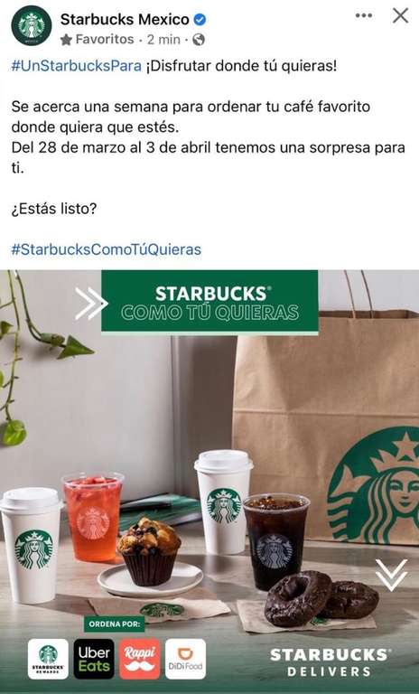 Starbucks: 50% de descuento al realizar tu primera compra en Starbucks en Delivery (28 de Marzo al 3 de Abril)