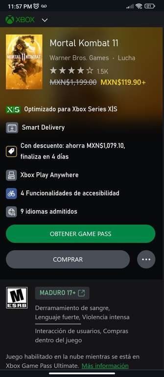 Xbox: Mortal Kombat 11 con el 90% de descuento