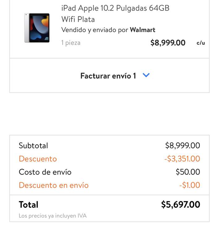 Walmart: iPad Apple 10.2 Pulgadas 64GB Wifi 9na Generacion