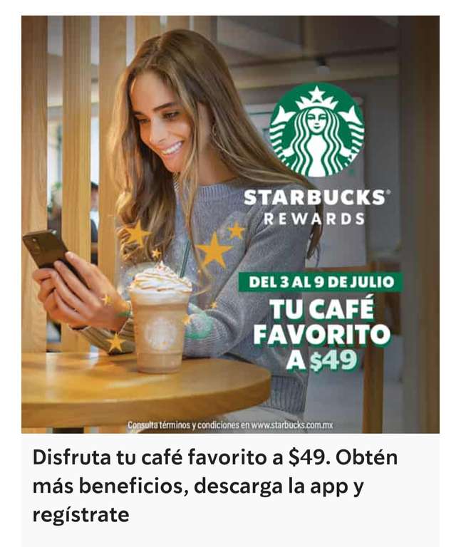 Starbucks - Compra una bebida participante tamaño grande por $49