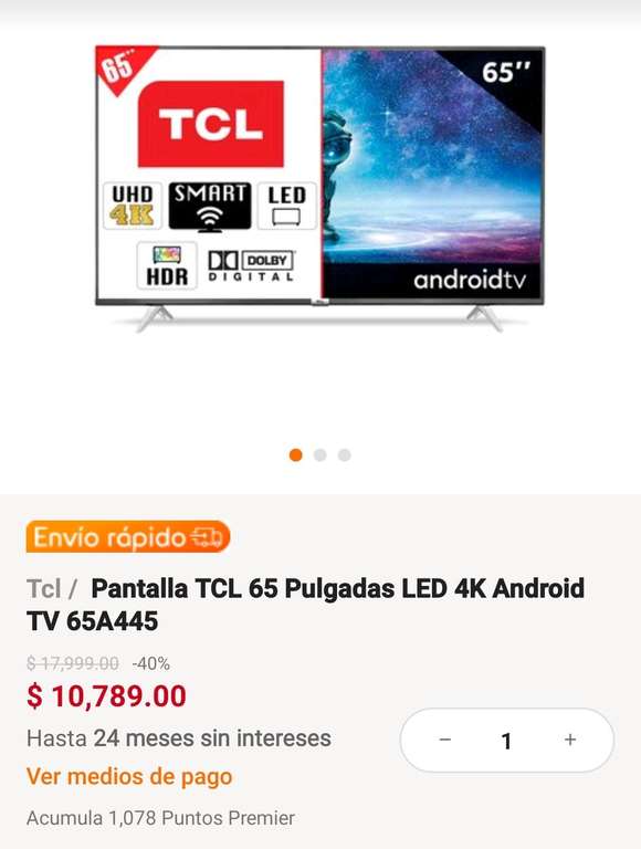 Linio y HSBC Pantalla TCL 65 Pulgadas LED 4K Android TV 65A445 $8,311