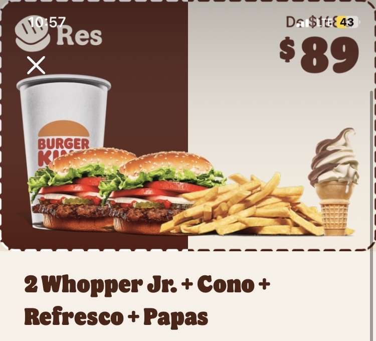 Burger King: 2 whopper jr, papas, helado y refresco por 89