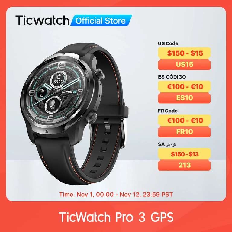 AliExpress: TicWatch Pro 3 GPS Wear OS Smartwatch en oferta.