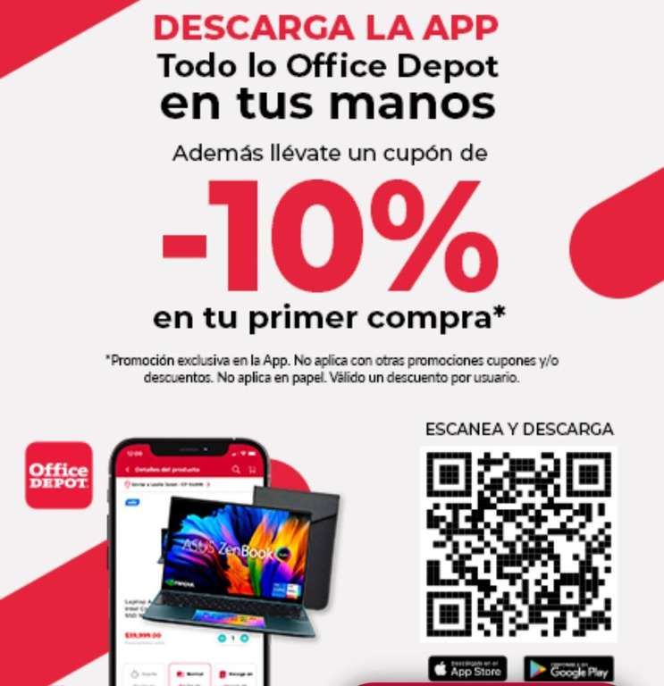 Office Depot: Cupón 10% en primer compra desde app