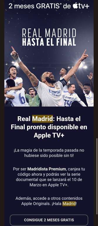 Mes gratis de Apple TV+ - promo Real Madrid. (usuarios seleccionados)
