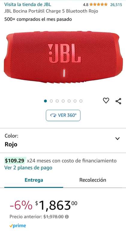 Amazon JBL Bocina Portátil Charge 5 Bluetooth Rojo