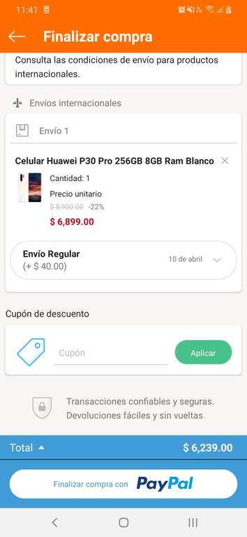 Linio: Celular Huawei P30 Pro 256GB 8GB Ram Blanco/ precio pagando con paypal