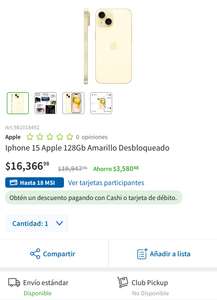 Sam's Club: Iphone 15 Apple 128GB Amarillo Desbloqueado con BBVA a 12 msi